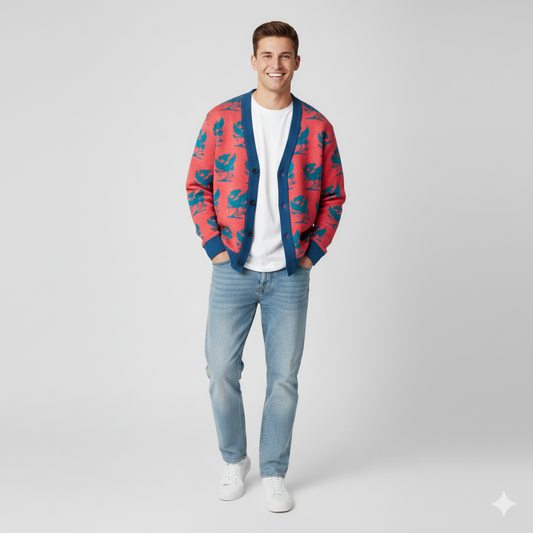 Dancing Flamingo Knit in Pink & Cyan Knitted Cardigan