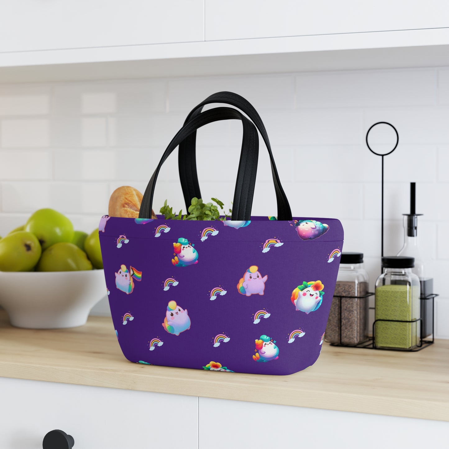 Rainbow Puffs Deep Purple Magnetic Button Closure Lunch Bag