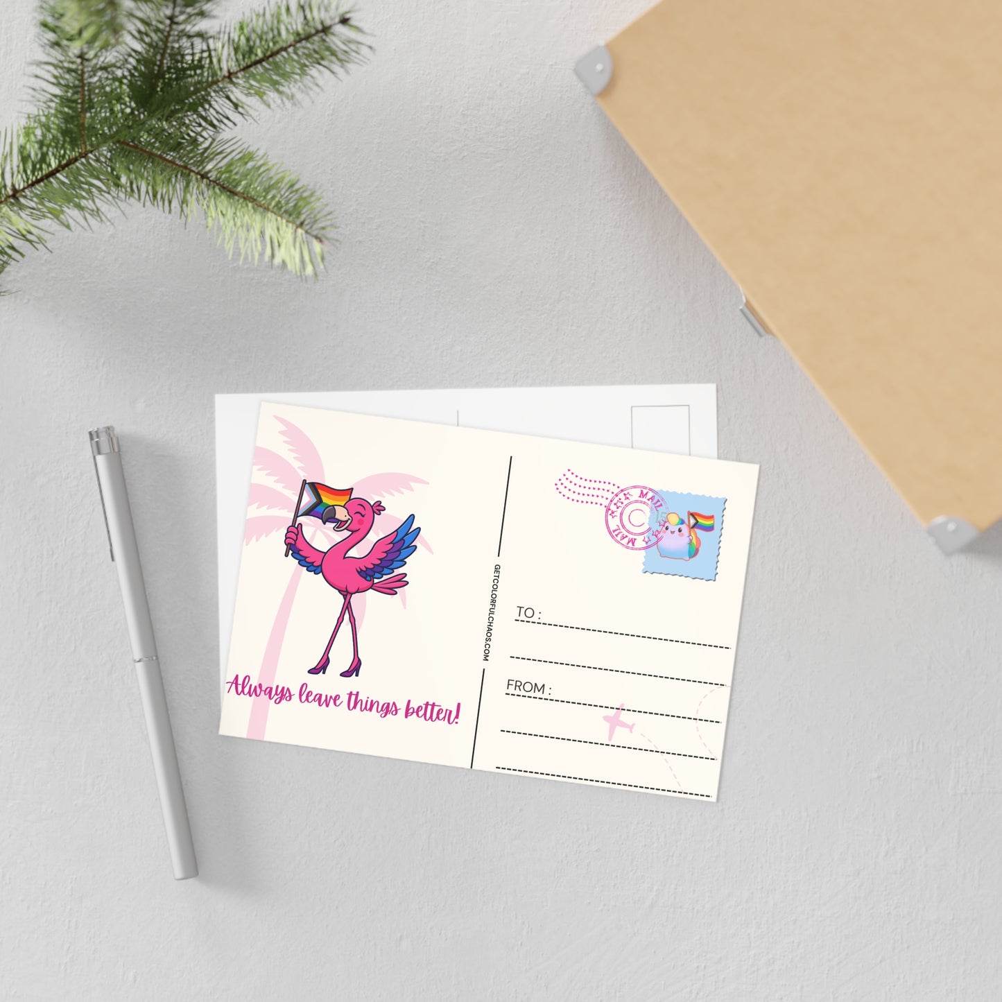 Always Leave Things Better Pride Franny Flamingo Illustrated Postcards