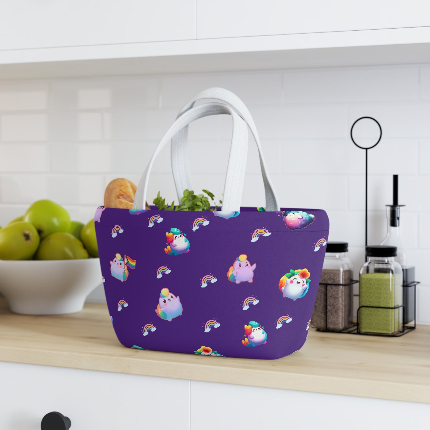 Rainbow Puffs Deep Purple Magnetic Button Closure Lunch Bag