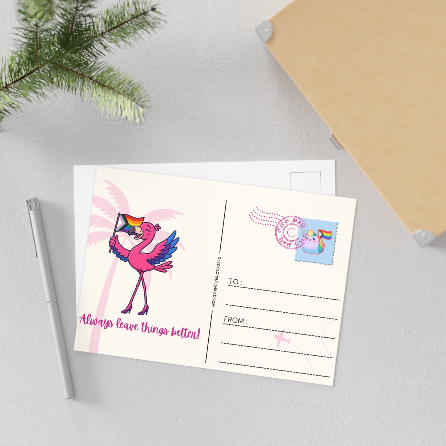 Always Leave Things Better Pride Franny Flamingo Illustrated Postcards