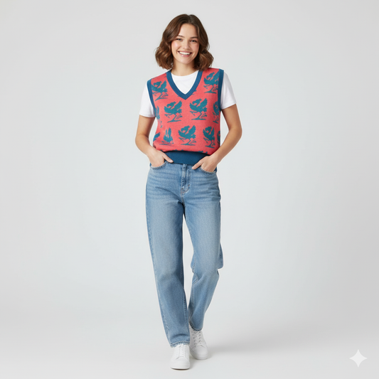 Dancing Flamingo Knit in Pink & Cyan V-Neck Vest